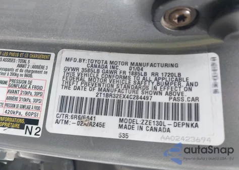 2004 Toyota Corolla Le из США, поврежденный, VIN 2T1BR32EX4C284497